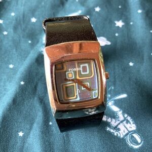 Fossil Watch Mosaic Dial Black Leather Band